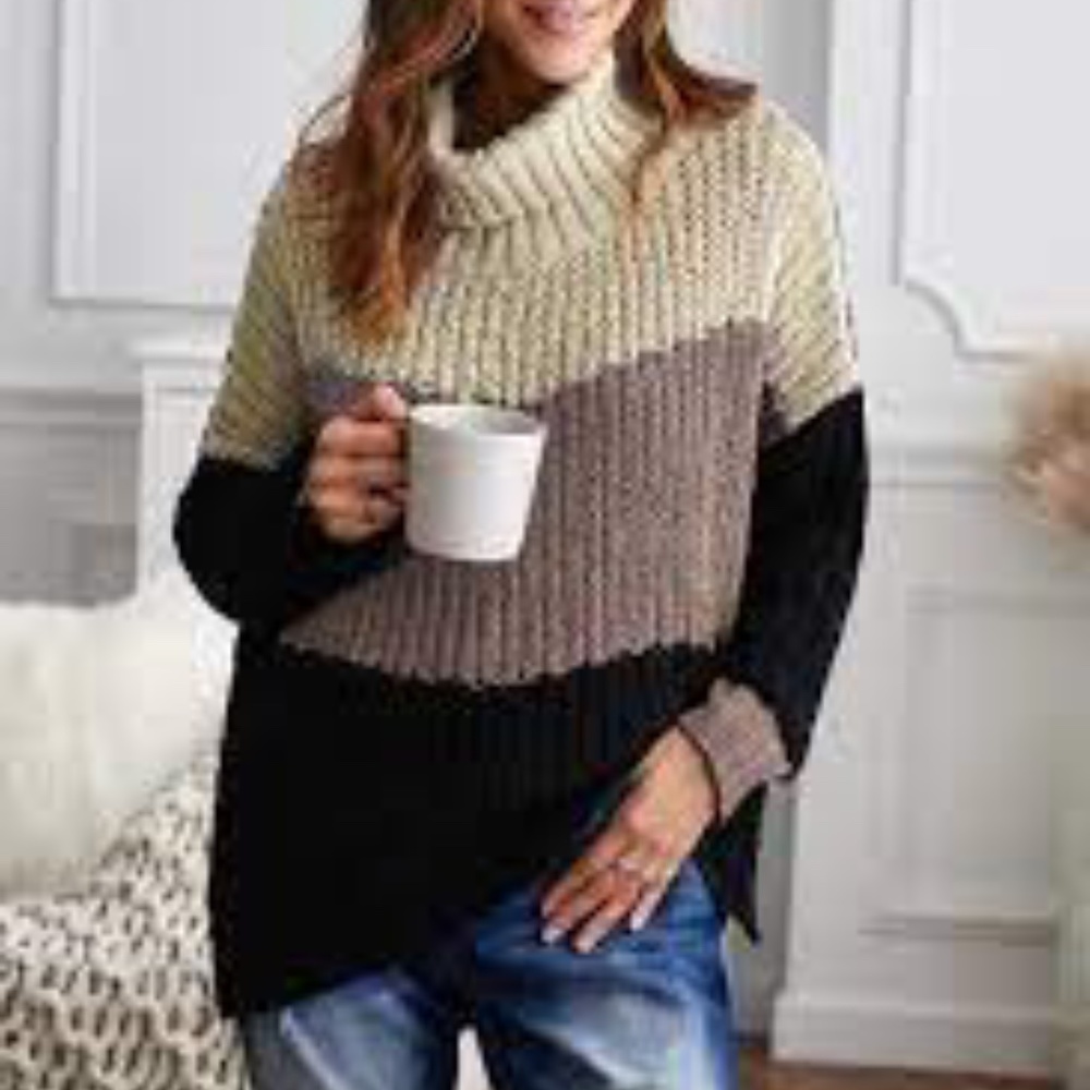 Khaki Cowl Neck Colorblock Cable Knit Sweater sm/m